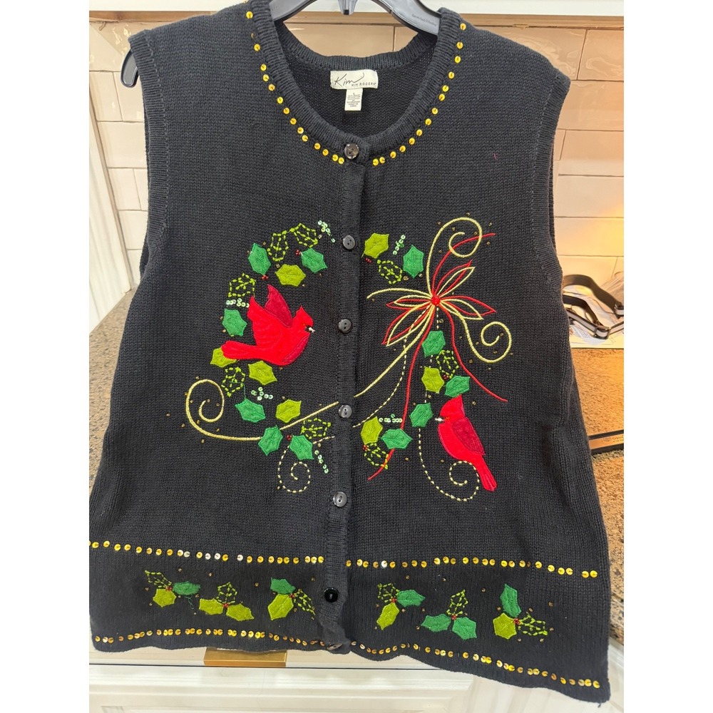 kim rogers black cardigan vest sweater large embroidered cardinals